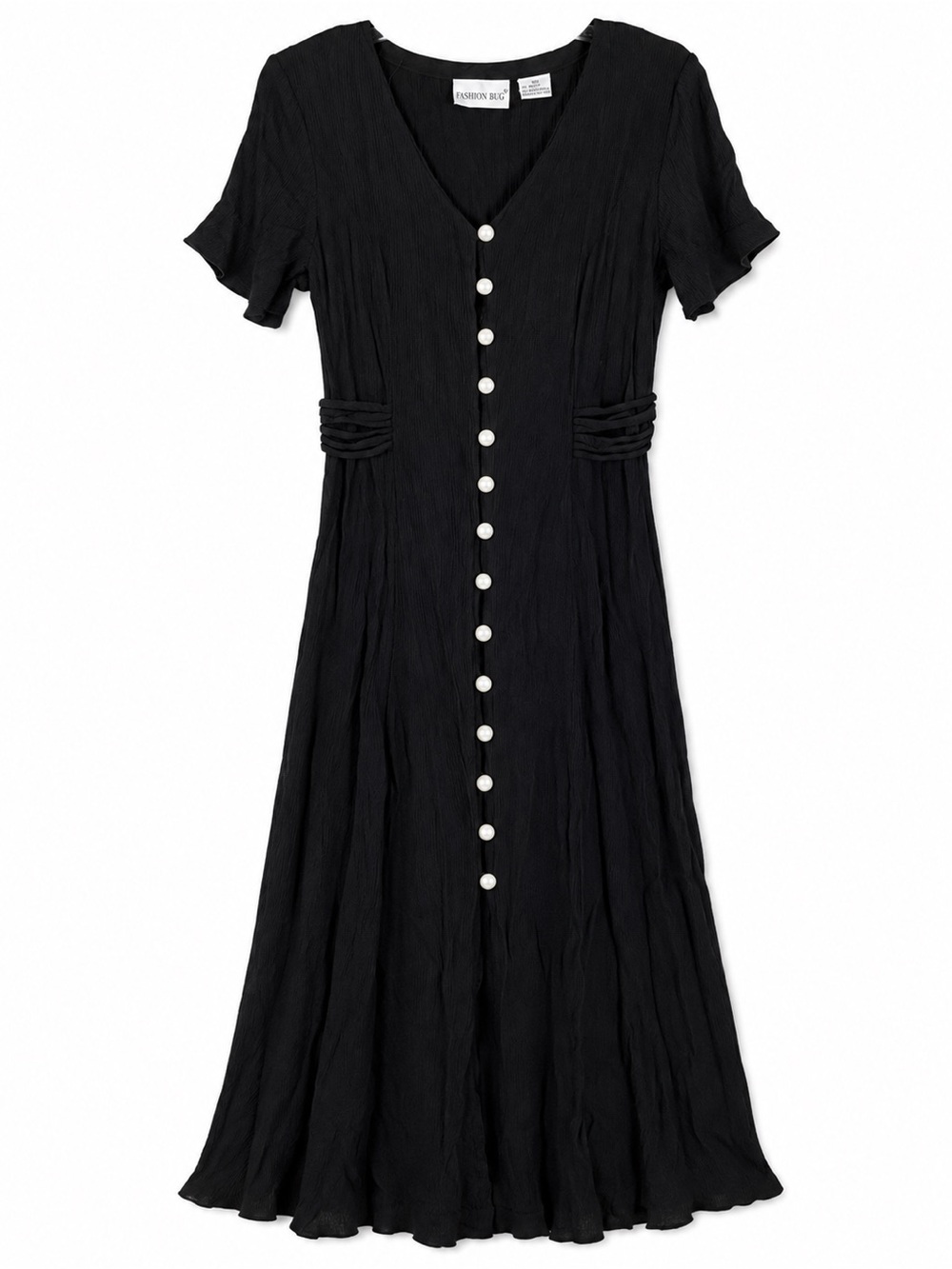 VTG 90s Fashion Bug Black Crinkle Button Down Maxi Dress Padded Shoulders